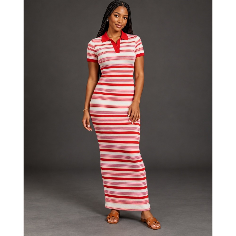 Elie Tahari Red Pink Striped Polo Maxi Dress Short Sleeve Knit Size M NEW